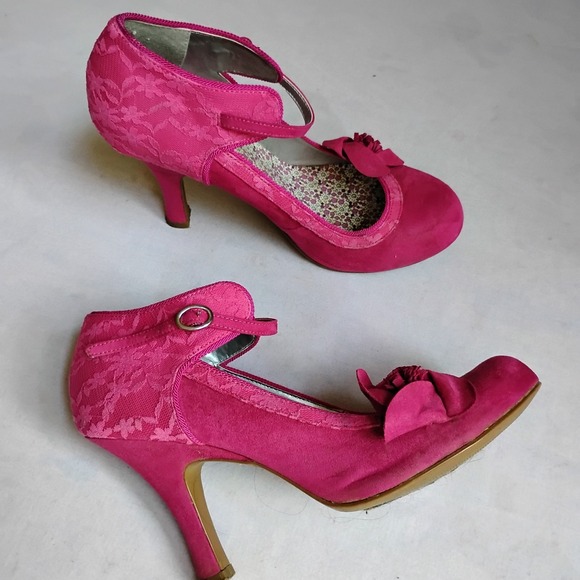 Ruby Shoo Shoes 41 Anna Fushia Heels Floral Lace Feminine Retro Floral Applique - Picture 1 of 16